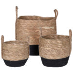 Strohkörbe im 3er-Set, geflochtene Aufbewahrungskörbe, schwarz/natur