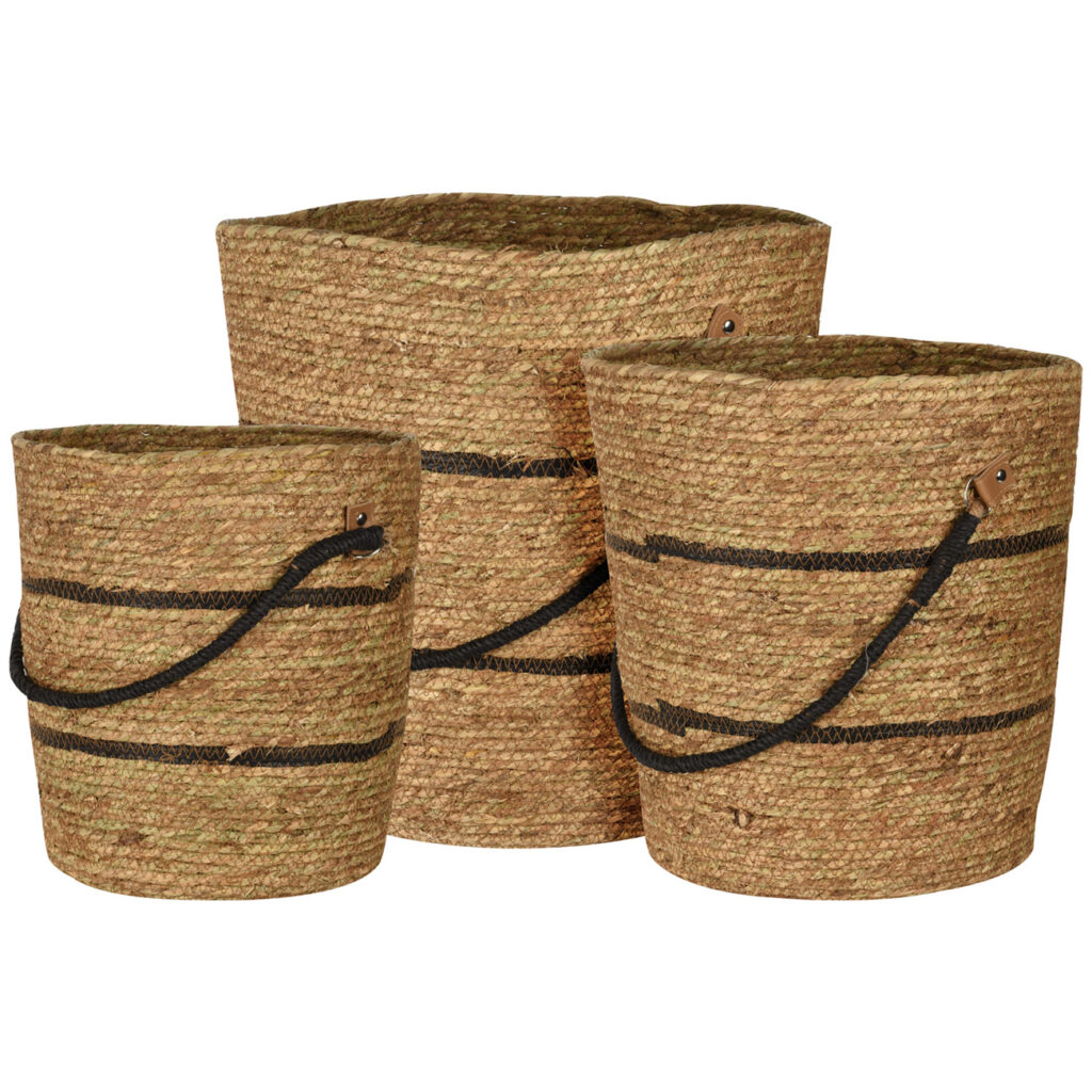 Korbset Seegras mit schwarzen Akzenten und Henkel, 3er Set, rund