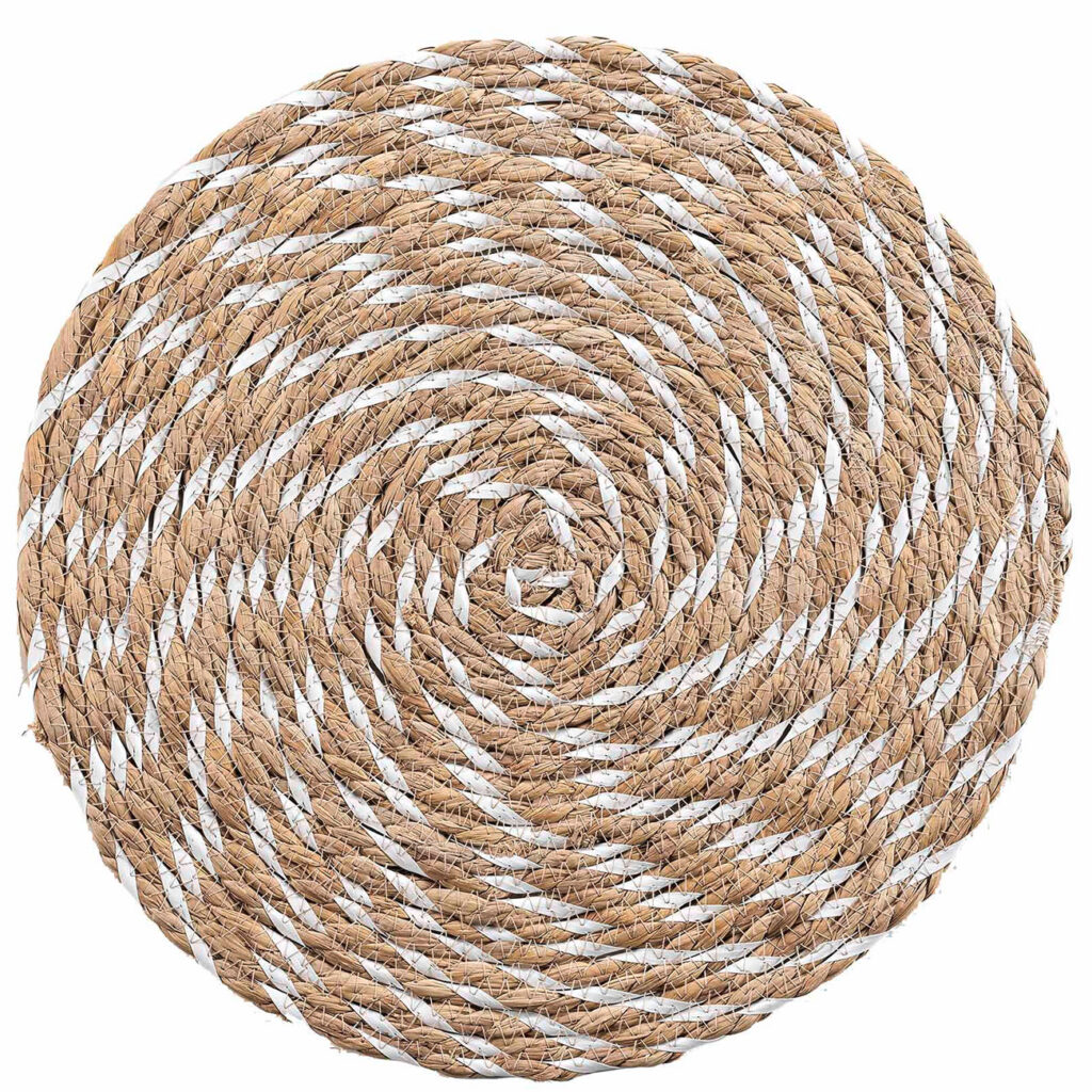 Tischset aus Stroh- und Polyester-Geflecht, Platzdeckchen rund, braun, weiss, Ø 38