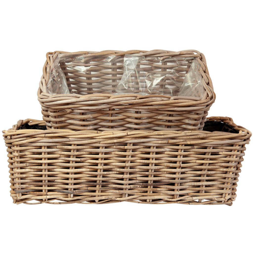 Pflanzkorb 2er-Set aus Rattan mit Pflanzfolie, Blumenkasten