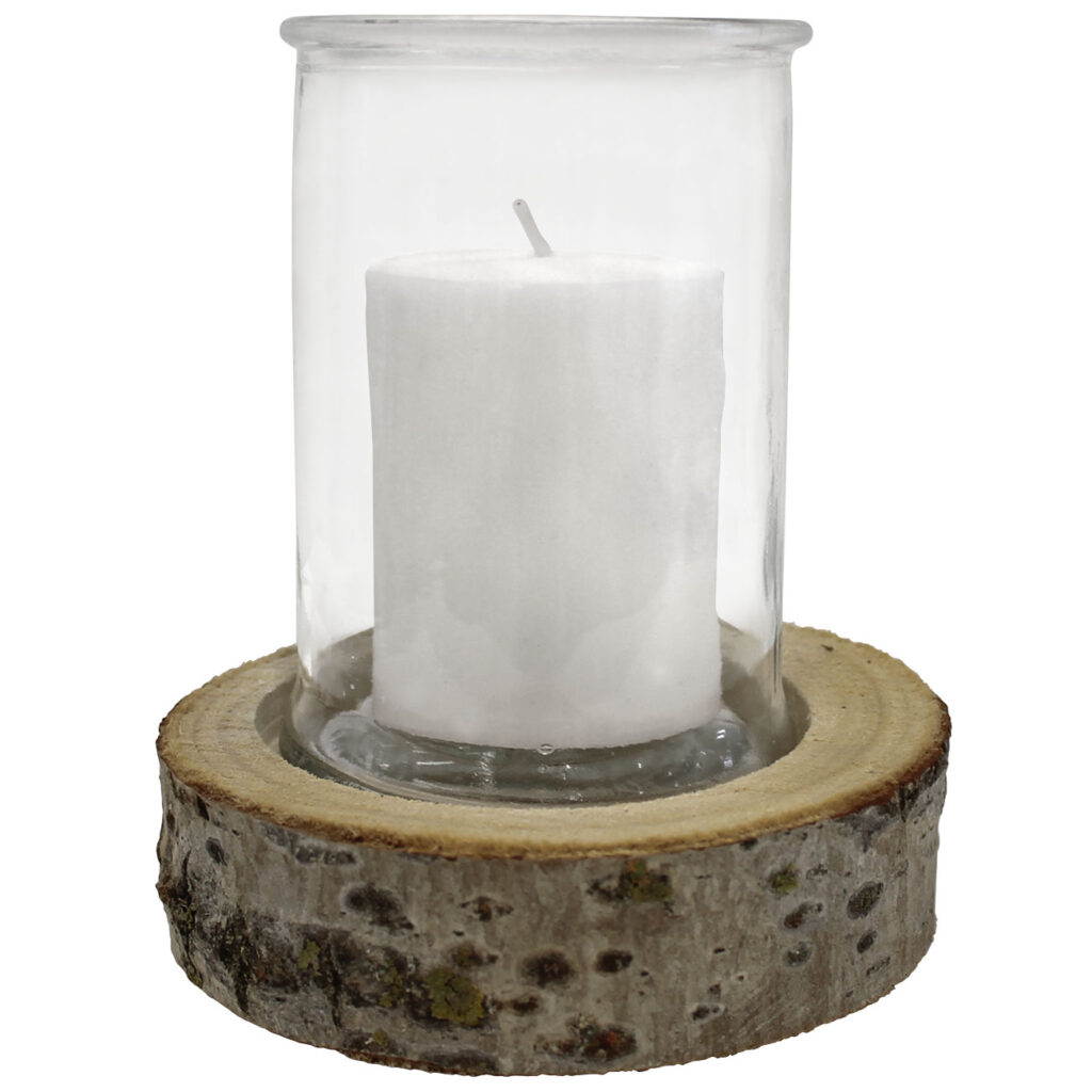 Kerzenglas auf Holzsockel, Windlicht Natur, weiss, braun, Ø 10 x 13,5 cm, Ø 15 x 4 cm