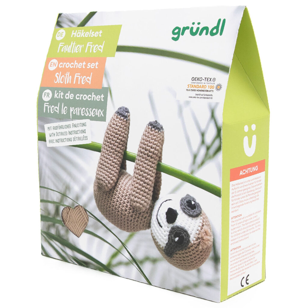 Häkel Set Faultier mit Garn, Nadel, Füllmaterial und Anleitung, Kreativset Häkeln