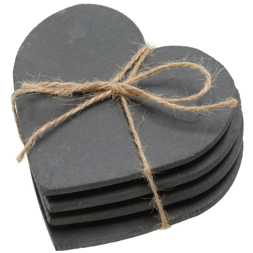 4er-Set Herz-Schiefer-Untersetzer, Glasuntersetzer in Herz Optik, je 10 x 10 cm