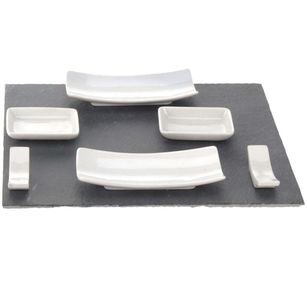 Sushi-Set, 11 tlg. mit Schieferplatte, Porzellangeschirr, Stäbchen uvm.