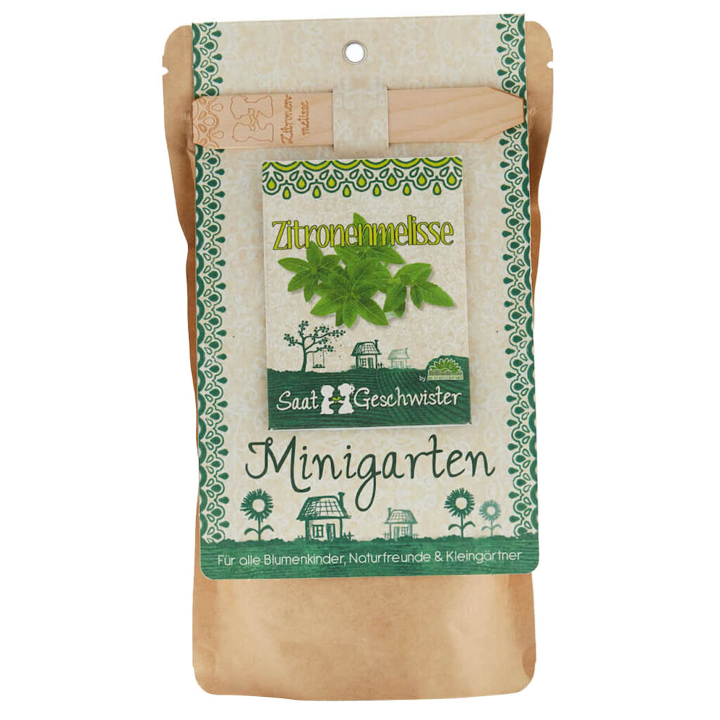 Saatgut Set Zitronenmelisse, Samen mit Gartenerde, Anleitung, Pflanzstäbchen