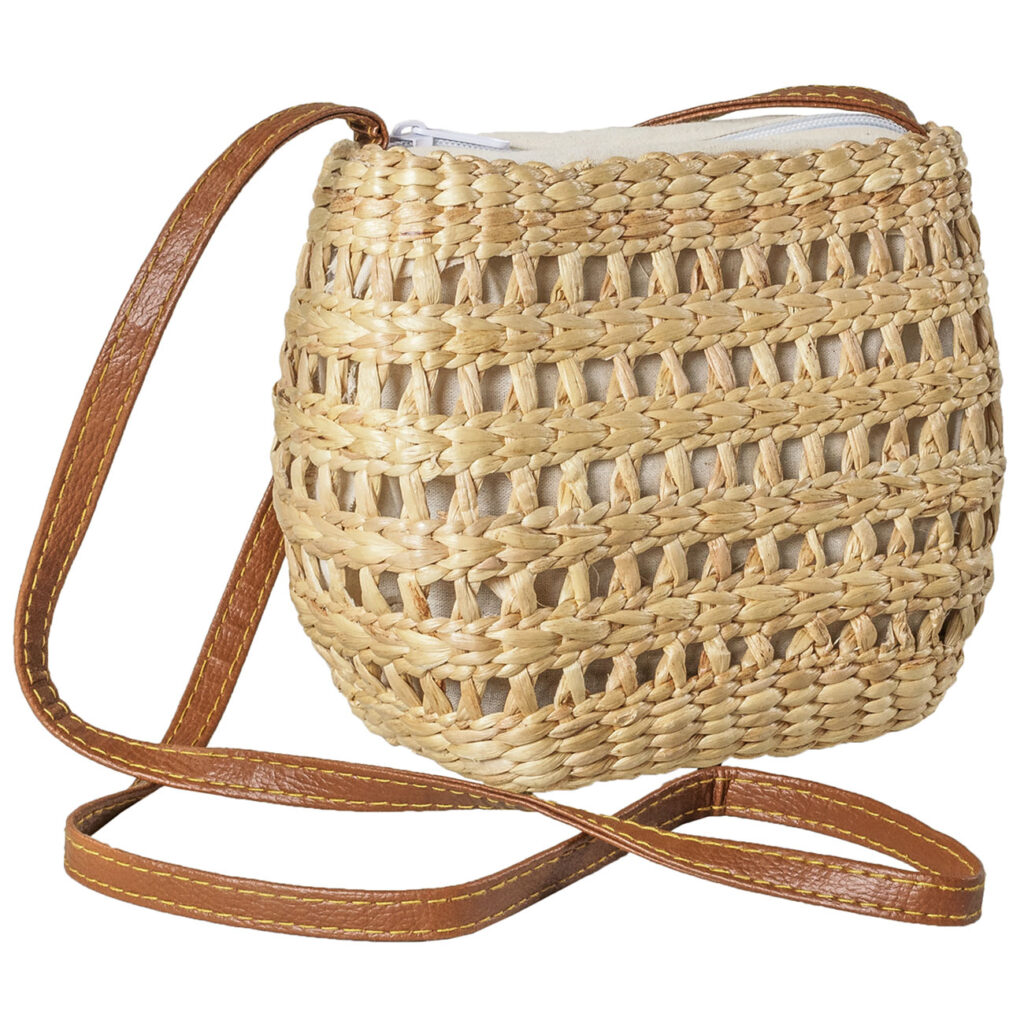 Umhängetasche aus Wasserhyazinthe, Tasche mit Lederriemen, braun, beige, 18 x 10 x 15 cm