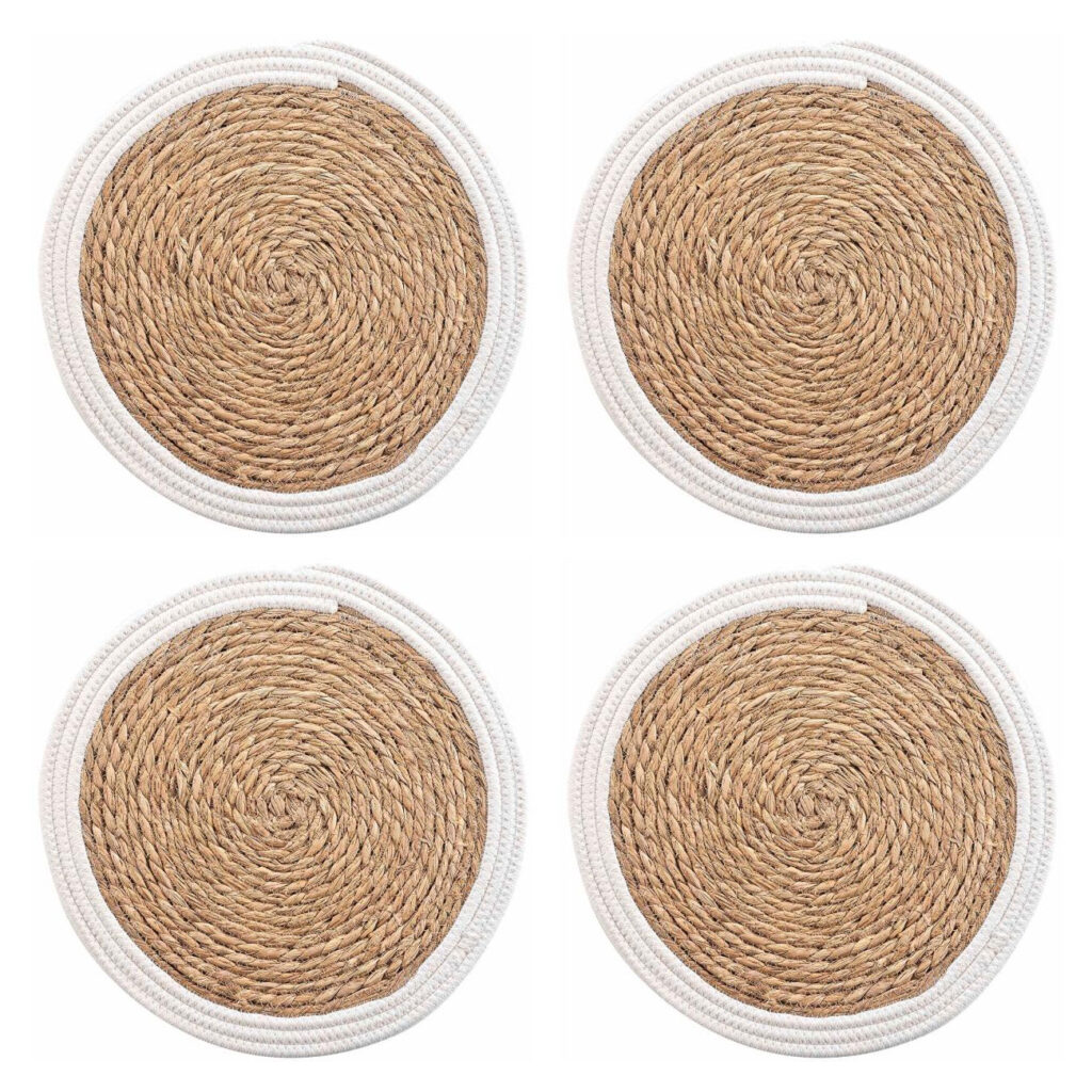 4er Tischsets aus Stroh-Geflecht, Platzdeckchen mit Baumwolle, braun, weiss, Ø 38