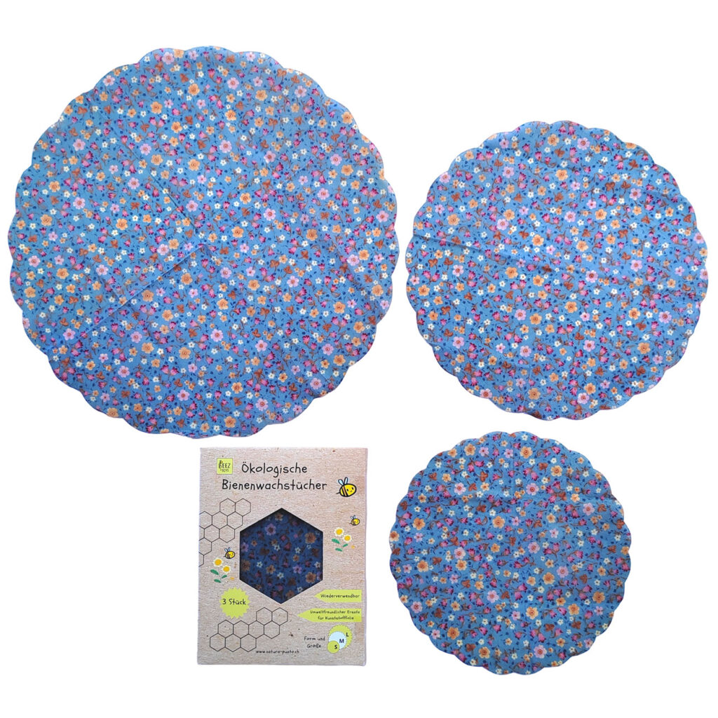 Bienenwachstücher, 3 Stück, runde Form, blaues Blumen-Design