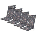 4er-Set Hochlehner-Auflage, Gartenstuhlkissen wasserabweisend, Blumenmuster anthrazit