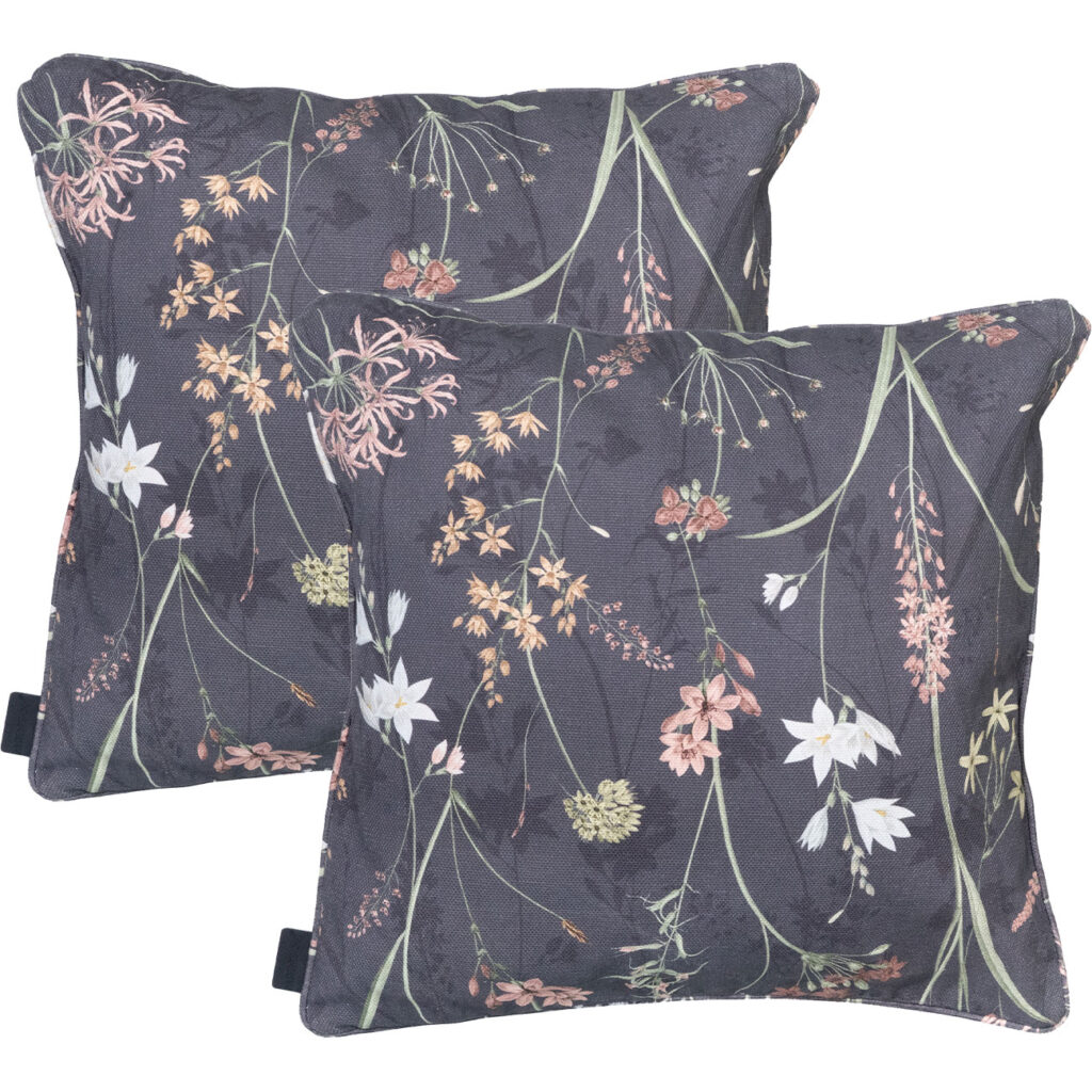 2er-Set Deko-Kissen Outdoor, Blumenmuster anthrazit, 50 x 50 x 10 cm
