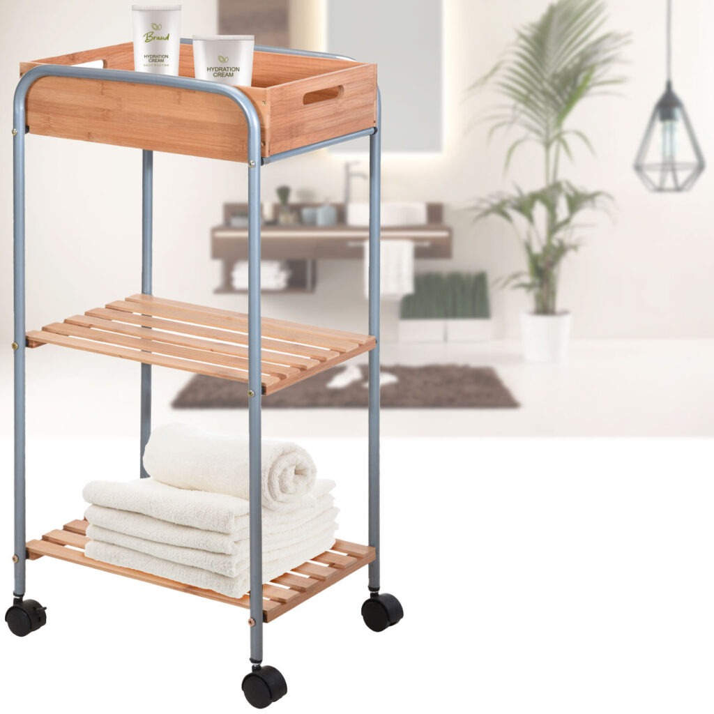 Badezimmer-Trolley, Bambus & Metall, 4 Rollen, Kiste zum Abnehmen, 30 x 40 x 81 cm