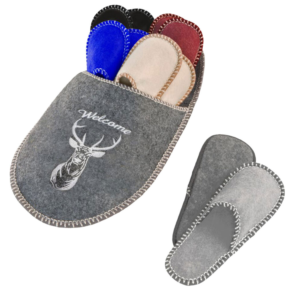 Gästefinken-Set 5 Paar Hausschuhe,  Welcome, Hirsch, diverse Farben