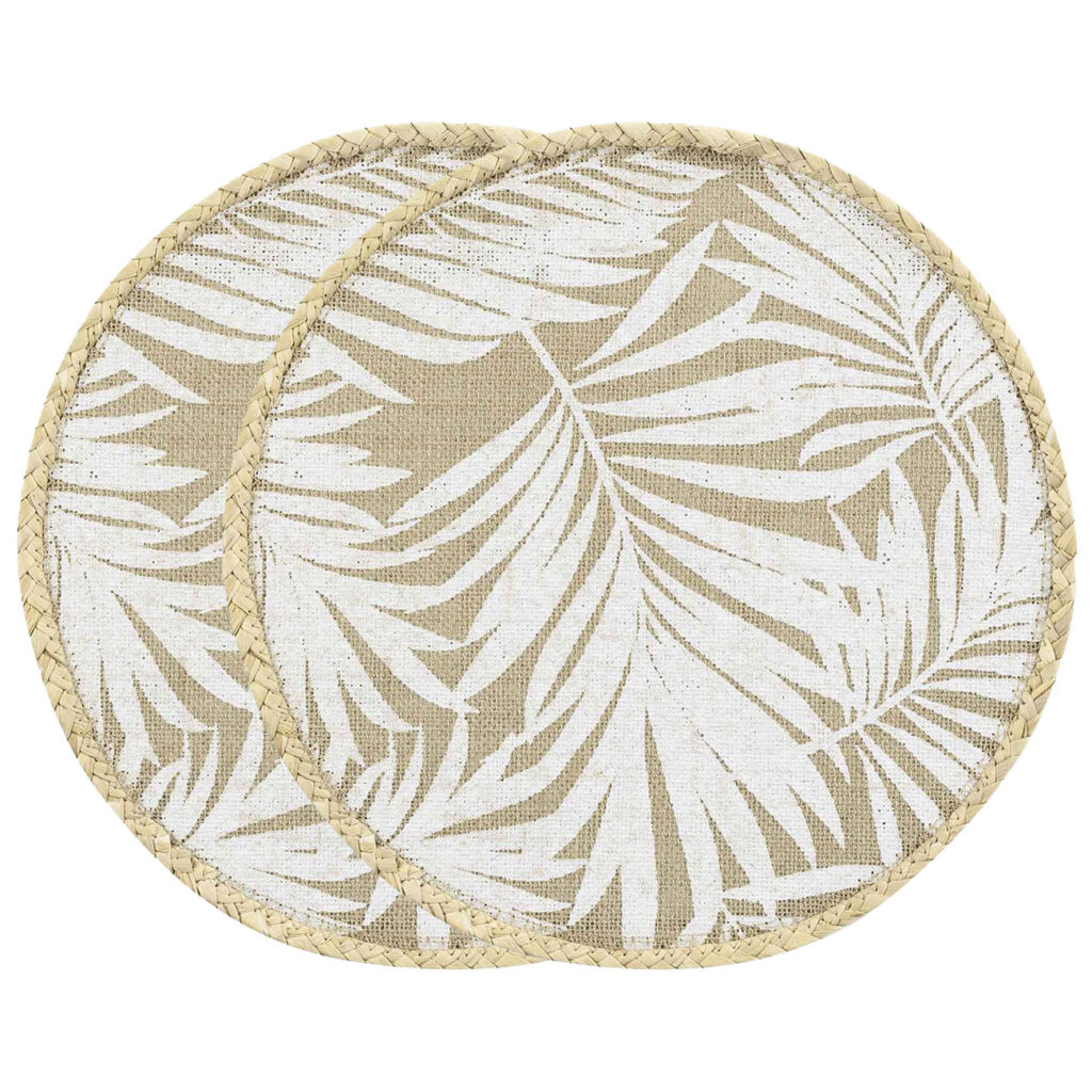 Tischsets rund Blattmuster 2er-Set, Platzdeckchen aus Jute, braun, weiss, je 38 x 38 cm