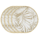 Tischsets rund Blattmuster 4er-Set, Platzdeckchen aus Jute, braun, weiss, je 38 x 38 cm