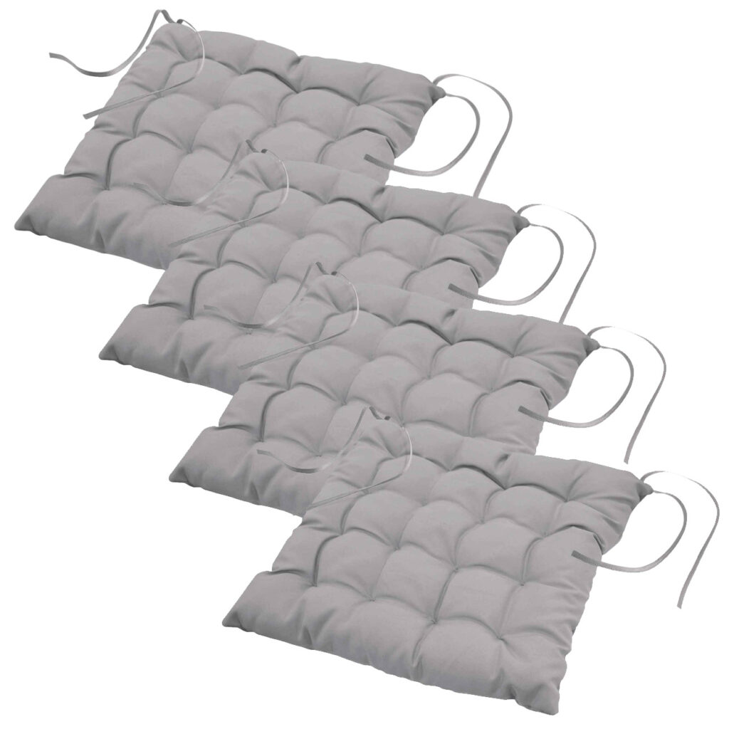 4er-Set Stuhlkissen gesteppt aus Polyester, Sitzkissen mit Bändchen, grau, 40 x 40 cm