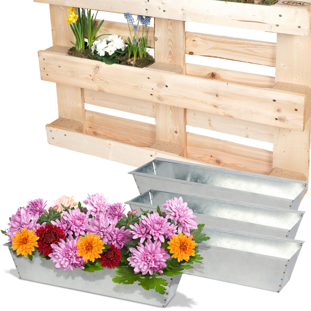 4er-Set Pflanzkasten für Europaletten, Blumenkübel aus verzinktem Metall, 38,5×13,5×8,5cm