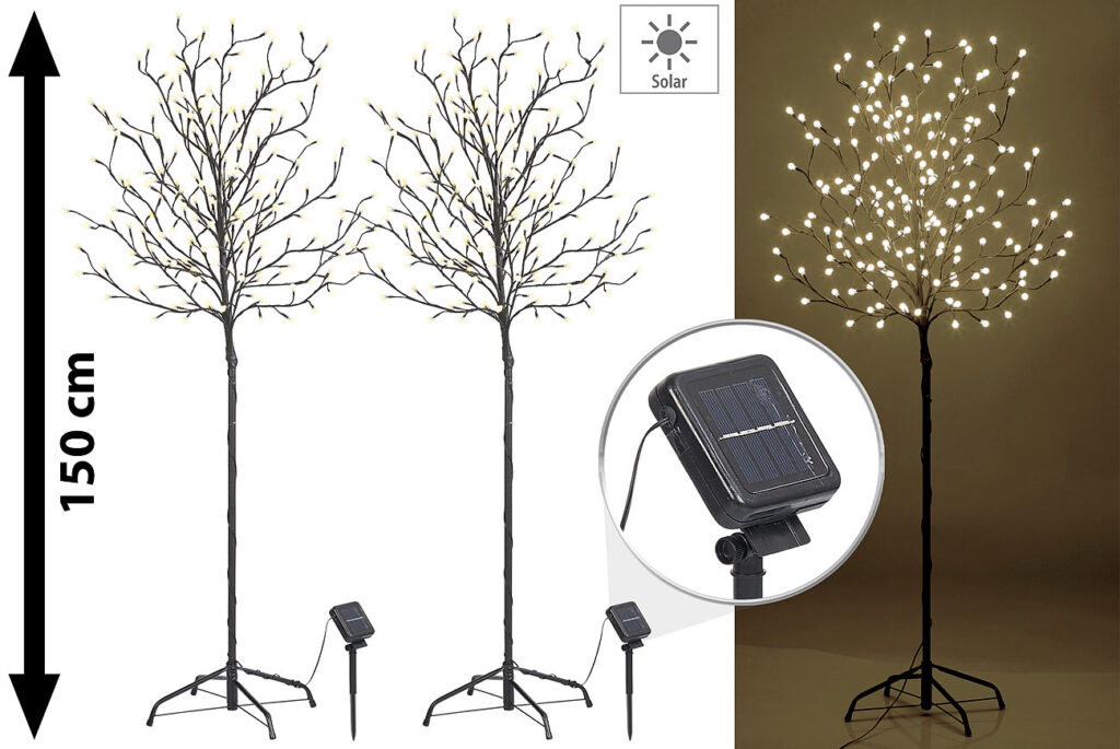 2er-Set XL-Solar-LED-Lichterbäume mit  je 200 beleuchteten Knospen
