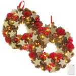2 Weihnachtskränze, 20 warmweisse LEDs, Timer, batteriebetrieben, 28 cm