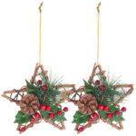 2er-Set Handgefertigter Rattan-Dekosterne mit echten Tannenzapfen