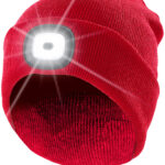 Rote Strickmütze mit weissen (vorne) & roten (hinten) LEDs