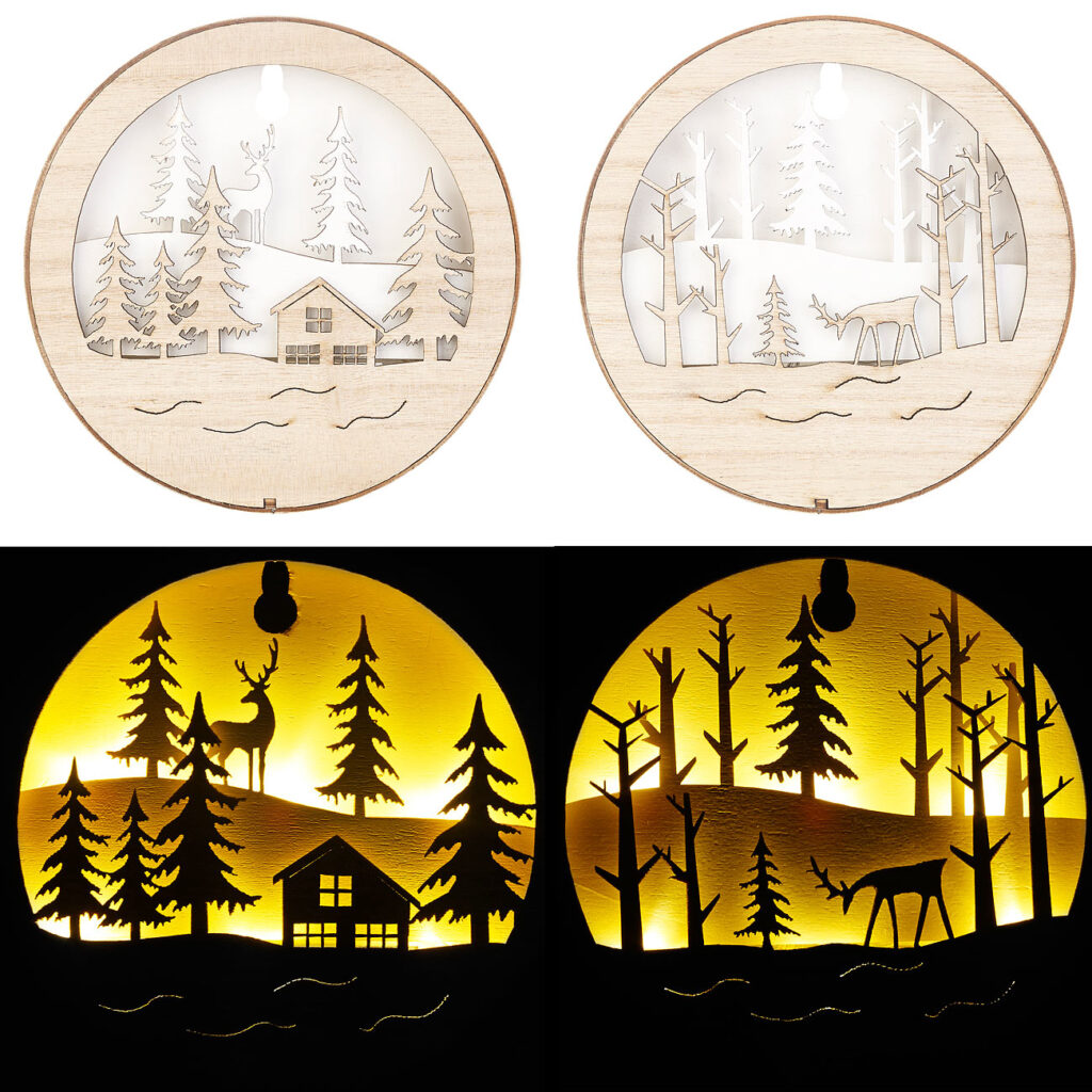 2er-Set weihnachtliche LED-Echtholzbilder, warmweiss, Batteriebetrieb