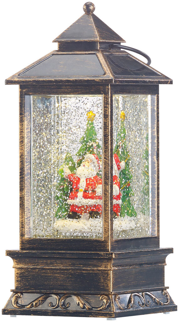 Deko-LED-Laterne mit Schneewirbel, Weihnachtsmann und Tannenbaum