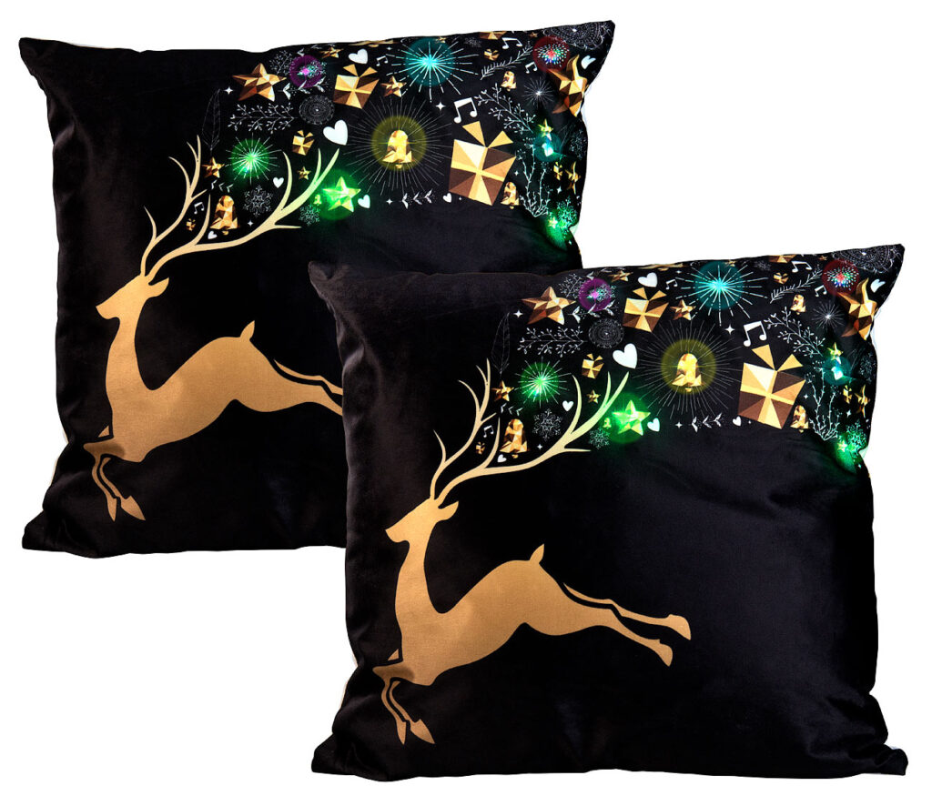 2er-Set Deko-Weihnachtskissen „Rentier“ mit LEDs, 45 x 45 cm