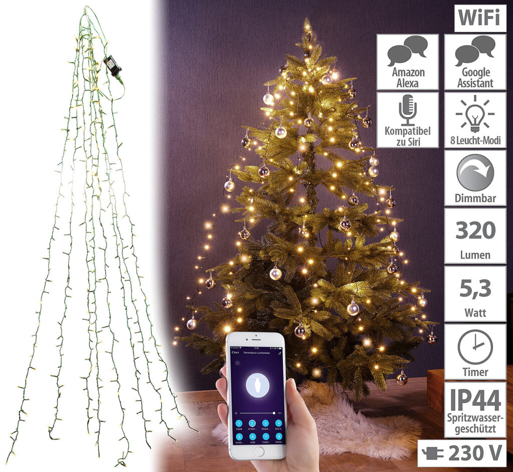 WLAN-Tannenbaum-Überwurf-Lichterkette mit App, 8 Girlanden, 320 LEDs