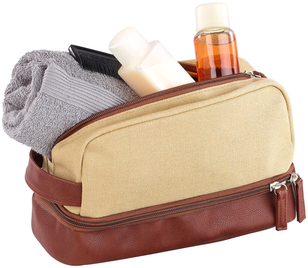 Geräumiger Canvas-Kulturbeutel mit 2 getrennten Fächern, beige/braun