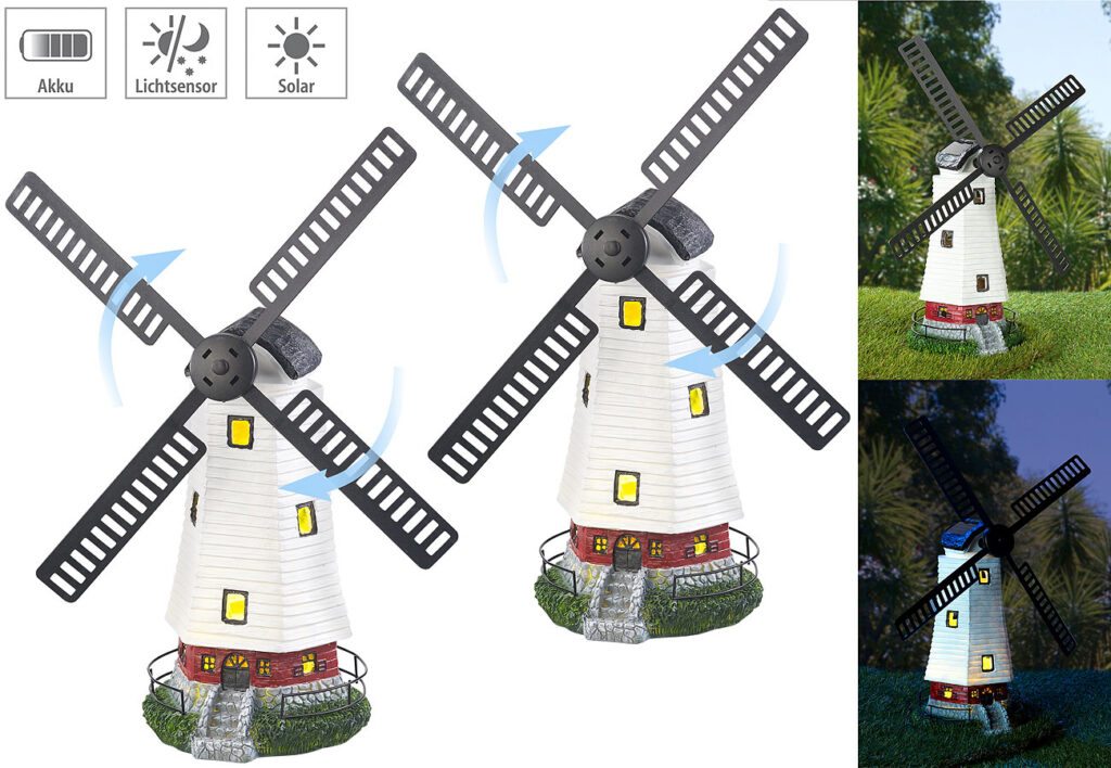 2er-Set Solar-Deko-Windmühlen mit drehendem Windrad & LED-Licht