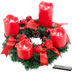 Adventskranz, rot, 4 rote LED-Kerzen mit bewegter Flamme