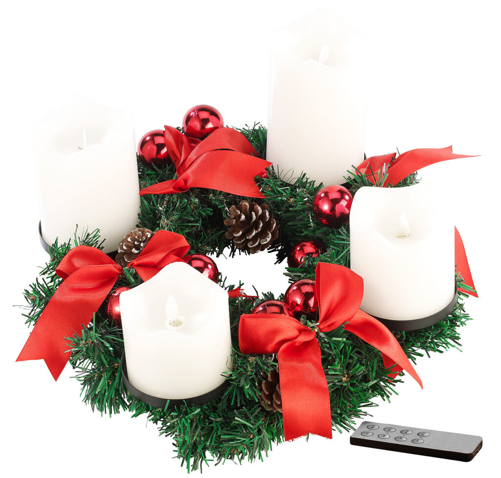 Adventskranz, rot, 4 weisse LED-Kerzen mit bewegter Flamme