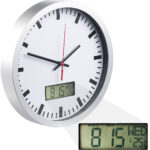 Analoge Wanduhr, digi. Datums- & Temperaturanzeige, Bahnhofsuhr-Design