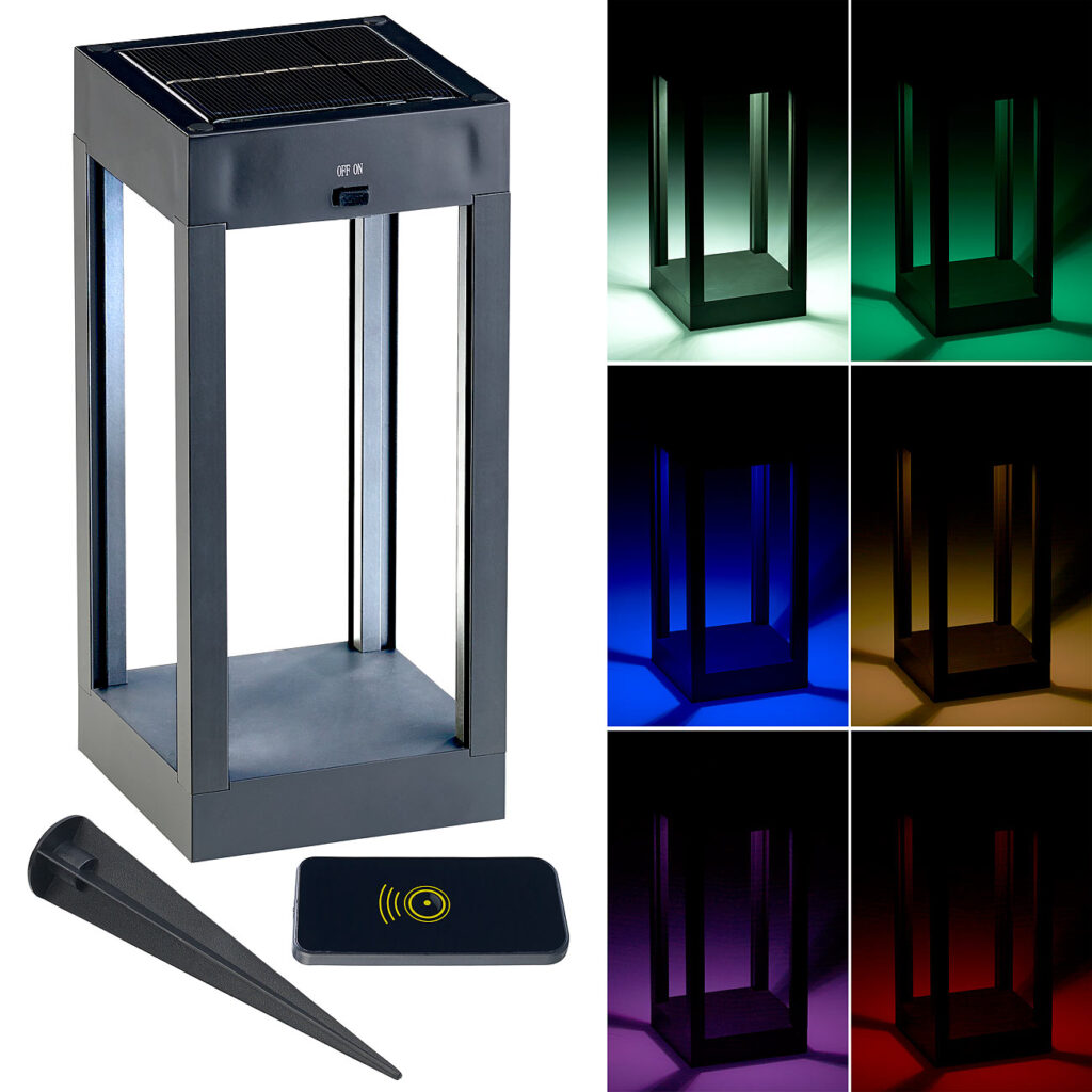Outdoor-Solar-Laterne, RGB+W-LEDs, Fernbedienung, 80 lm, 1 W