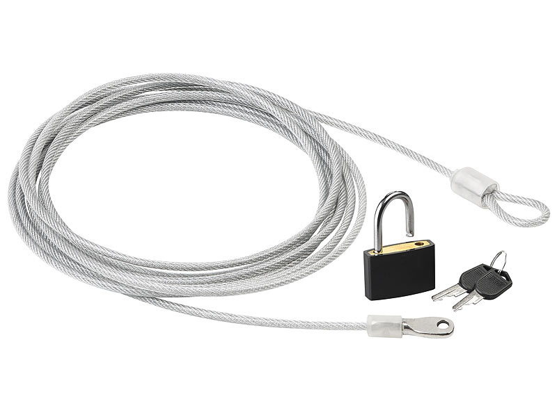 Wetterfestes Stahlseil mit Vorhängeschloss, ummantelt, 3 m, Ø 0,4 cm