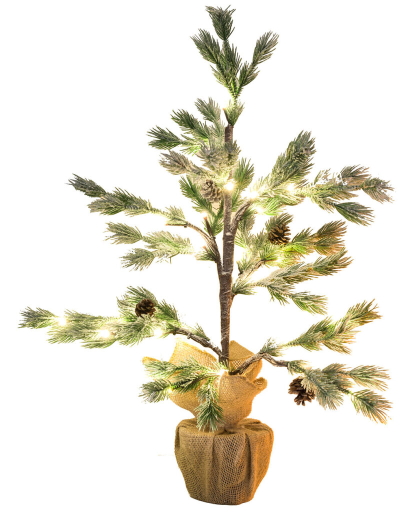 Deko-Nadelbäumchen im Topf, mit 24 LEDs, Kunstschnee und Zapfen, 70 cm