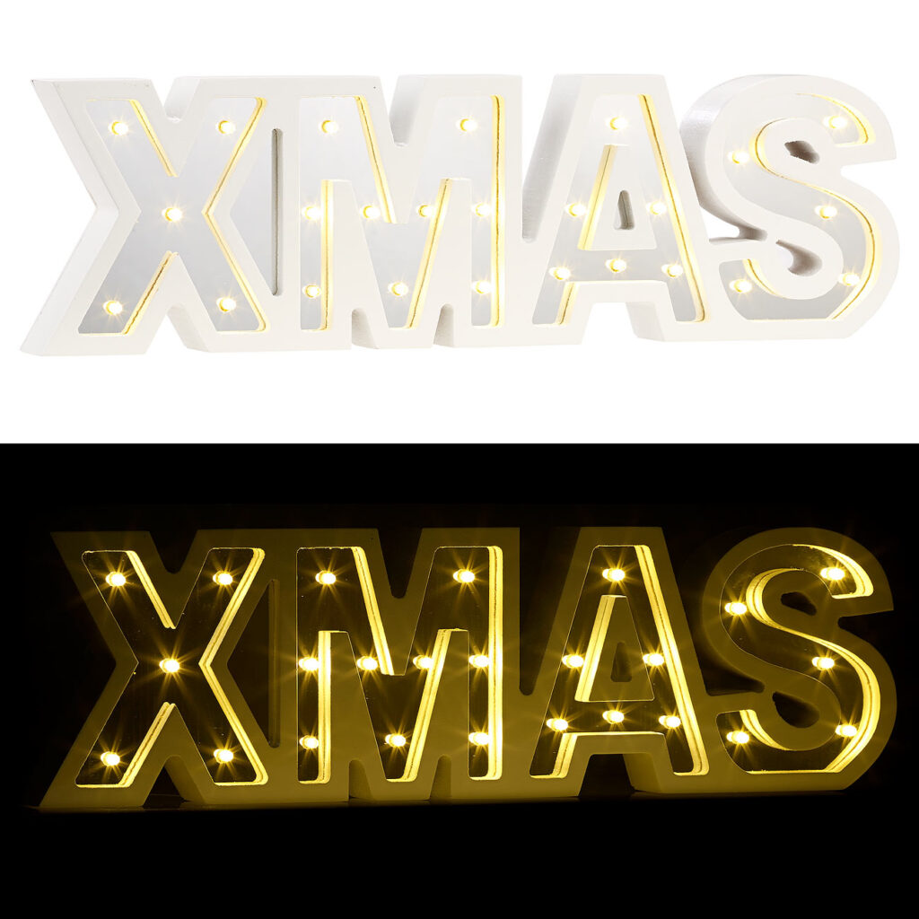 LED-Schriftzug „XMAS“ aus Holz & Spiegeln mit Timer & Batteriebetrieb