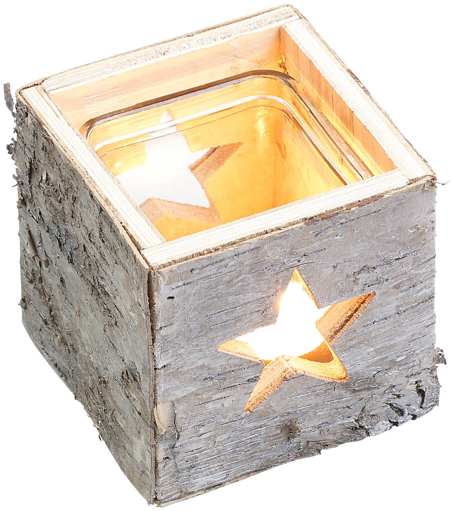 Windlicht aus Holz mit Stern-Motiv und herausnehmbarem Teelicht-Glas