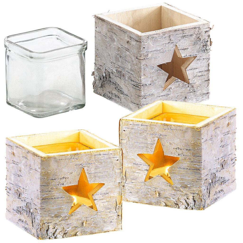 3er-Set Windlichter, Holz, Stern-Motiv, herausnehmbares Teelicht-Glas