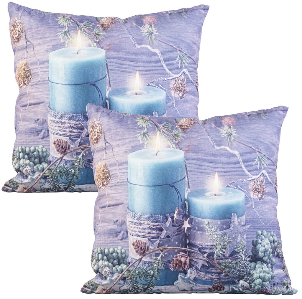 2er-Set Deko-Kissen, Kerzen-Motiv, 2 LEDs, batteriebetrieben, 45×45 cm