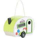 Nistkasten in Wohnwagen-Optik aus Holz mit Metalldach, mit Verzierung