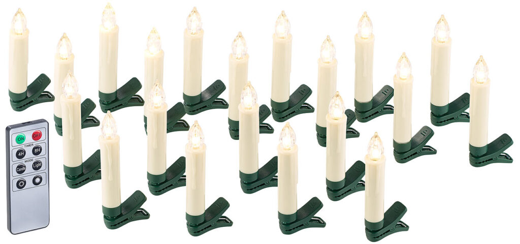 20er-Set LED-Weihnachtsbaum-Kerzen mit IR-Fernbedienung, Timer, weiss