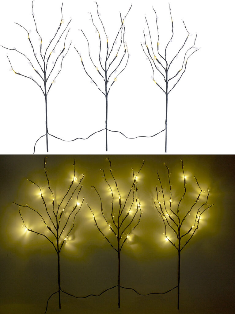 3 Deko-Zweige, je 48 Kunststoff-Knospen & 8 LEDs, batteriebetrieben, Timer