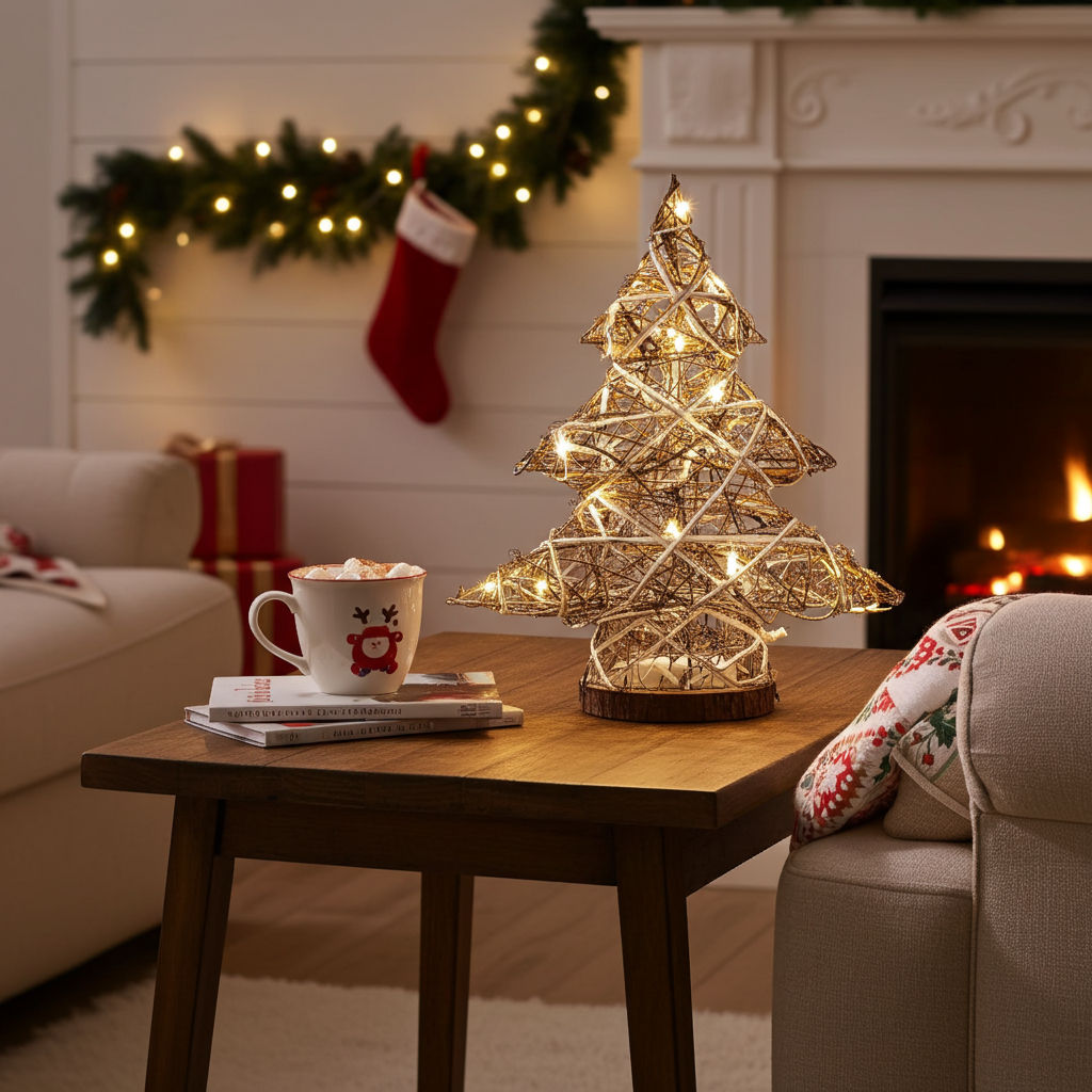 Handgefertigter Deko-Weihnachtsbaum mit 20 warmweissen LEDs, 40 cm