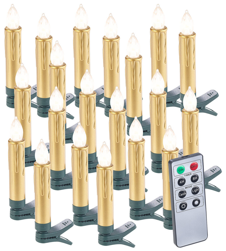 20er-Set LED-Weihnachtsbaumkerzen mit Fernbedienung und Timer, Gold