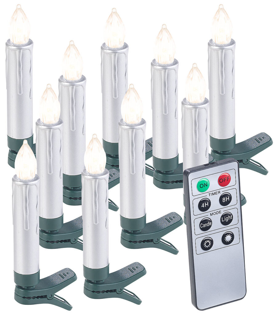 10er-Set LED-Weihnachtsbaum-Kerzen mit Fernbedienung und Timer, silber