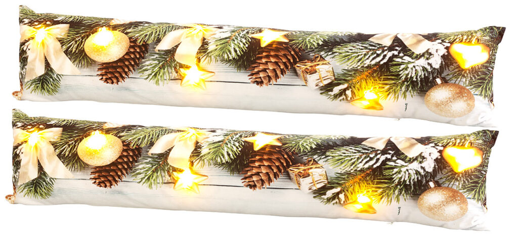 2er-Set Zugluftstopper-Deko-Kissen, Weihnachts-Motiv, 7 LEDs, 90 x 20 cm