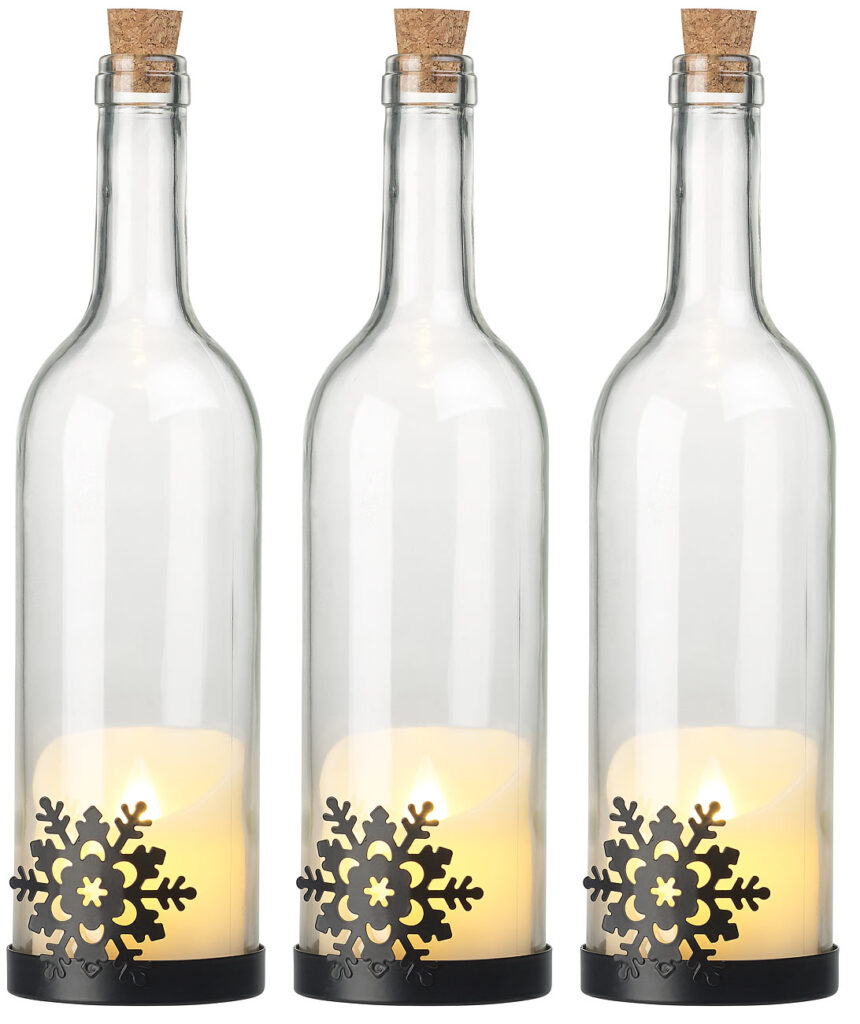 3er-Set Deko-Glasflasche, LED-Kerze & bewegliche Flamme, Schneeflocke