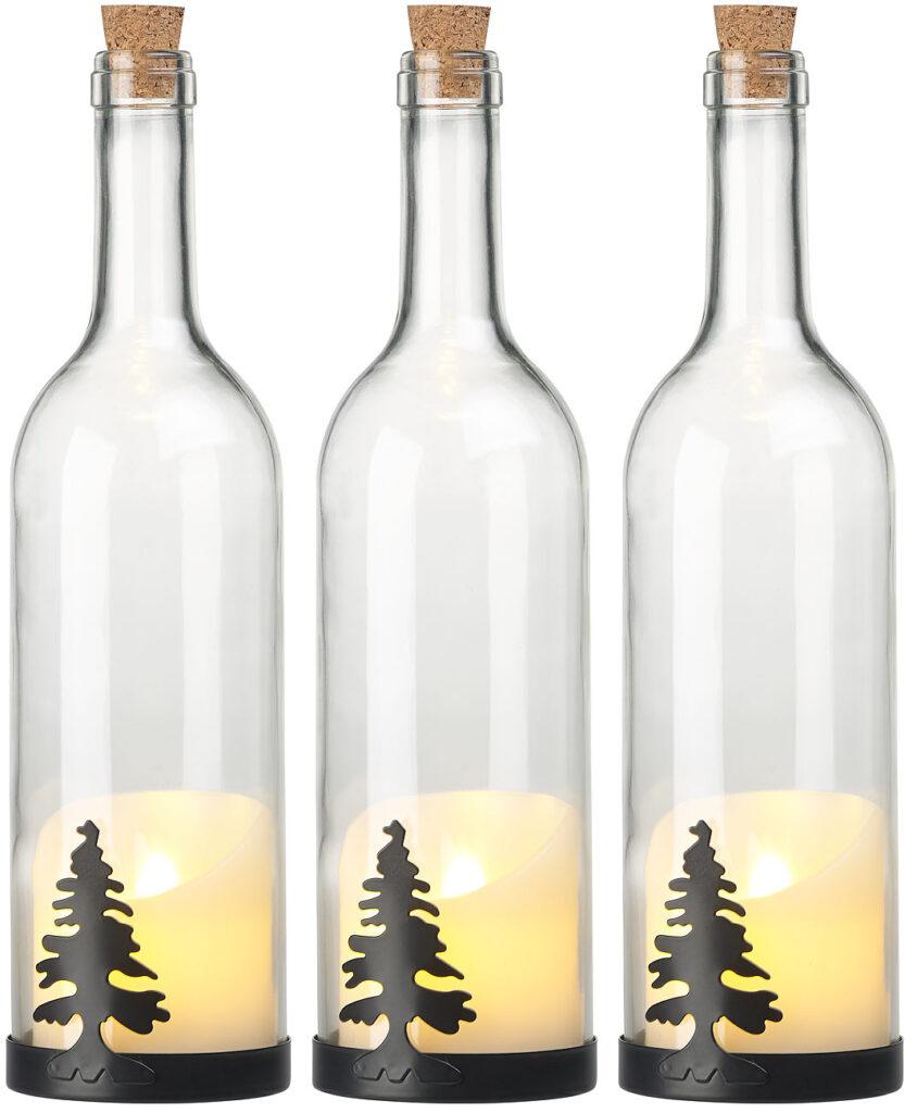 3er-Set Deko-Glasflasche, LED-Kerze & bewegliche Flamme, Tannen-Motiv
