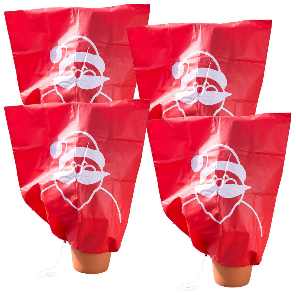 4er-Set Winterschutz-Haube „Weihnachtsmann“ für Pflanzen, 110 x 120 cm